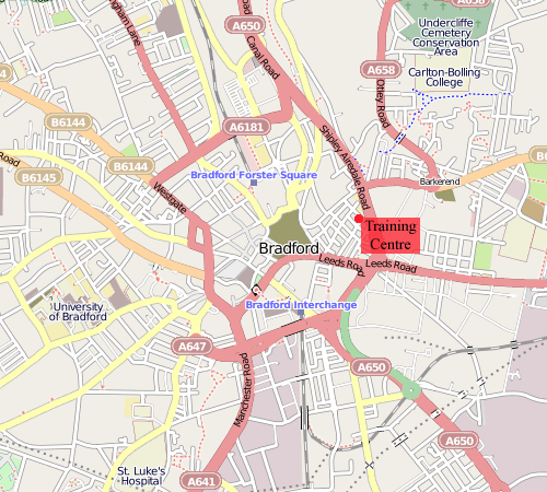 Map of GBdirect Ltd's Bradford Training centre and surrounding areas in Yorkshire, including routes from Leeds, Sheffield, Nottingham, Derby, Leicester, Birmingham, Coventry, London, Cardiff, Bristol, Liverpool, Manchester, Glasgow, York, Hull, Lincoln, Durham, Newcastle, Edinburgh, Scotland, Doncaster, Newark, Grantham, Peterborough, Cambridge, London